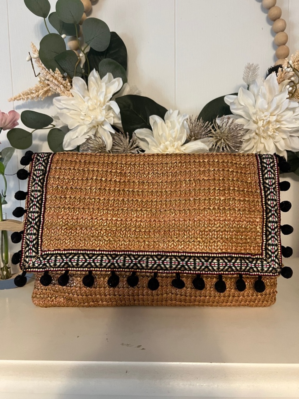 Woven Straw Pom Pom Trim Clutch - Tan